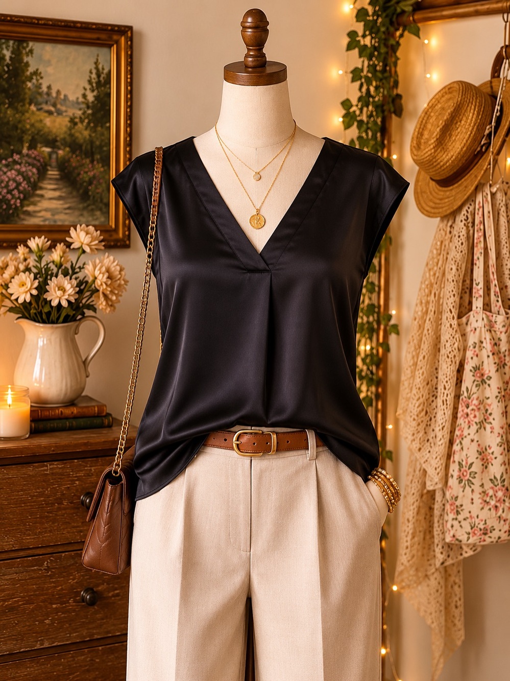 LOFT Black Satin V-Neck Cap Sleeve Top